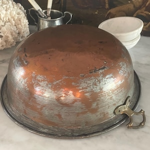 Antique large copper bowl. Brass handle. vintage French farmhouse decor. cottage. kitchen.