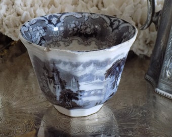 Antique Black and White Transferware Ironstone Cup. Circa 1880. Antique Pottery.