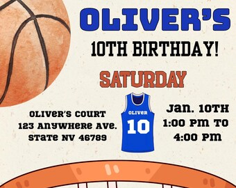 May include: Basketball birthday party invitation. The design features the text "It's Game Time" and "Oliver's 10th Birthday!" A basketball graphic, a blue jersey with the number 10, and event details are included.