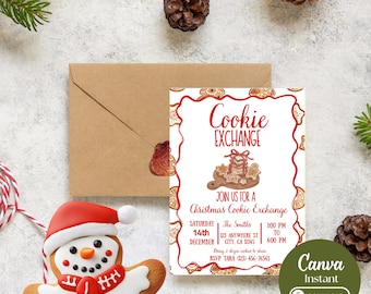May include: A Christmas cookie exchange invitation with a gingerbread snowman and a brown envelope. The invitation features the text "Cookie Exchange" and details for the event, including date, time, and location. The design includes cookie illustrations and festive elements.