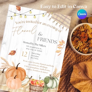 Puede incluir: Una invitación para una reunión de "Flannel & Friends", con un diseño rústico con calabazas, manzanas y hojas de otoño. El texto incluye los detalles del evento y la frase "Easy to Edit in Canva."