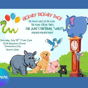 Puede incluir: Una colorida invitación con el texto "Hickory Dickory Dock" y una ilustración de dibujos animados. La imagen incluye una serpiente, globos, un elefante, un reloj, un rinoceronte, un perro, un cerdo, un perro negro, un ratón y un gato.