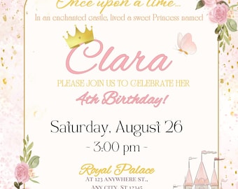 Es war einmal Geburtstagseinladung, Prinzessin Party einladen, bearbeitbare Canva Vorlage, digitaler Download
