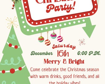 May include: A vintage-style Christmas party invitation with a green Christmas tree and red and green accents. The invitation reads "Merry Christmas" and "Christmas Party!" with the date, time, and location.