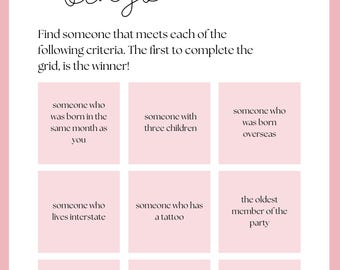May include: Baby Bingo game card with a pink background, featuring text and illustrations. The card includes prompts like "someone who has a tattoo" and "someone who drives a red car". Two pumpkins with ribbons are at the top.