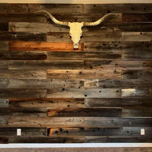 May include: A rustic wall made of reclaimed wood planks in shades of brown, gray, and orange. A bleached cow skull with long horns is mounted on the wall. The wall is a decorative element, adding a natural and vintage aesthetic to the space.