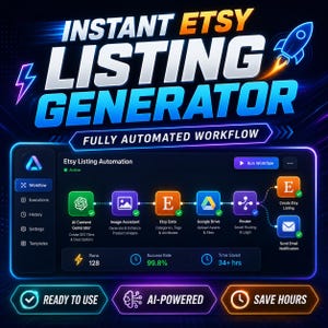 May include: A digital graphic promoting an Etsy listing generator. The image features the text "INSTANT ETSY LISTING GENERATOR" with a rocket ship graphic. It highlights features like AI content generation, image assistance, and automated workflow.