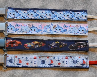 Nuk clips/pacifier clips/binki clip/soothie/infant pacifier clips N1 Narwhal Fast Cars Nautical Ocean Blue