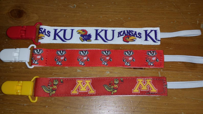 Nuk Clips Pacifier Clip Binky Soothie MAM Style Pacifier Holder College Football Gophers Badgers Oregon Ducks KU Florida Gators Sports