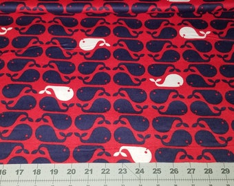 Navy and White Whales in Row on Red Snuggle Flannel Fabric 100% Cotton Flannel Fabric By The Yard