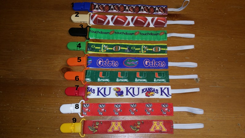 Nuk Clips Pacifier Clip Binky Soothie MAM Style Pacifier Holder College Football Gophers Badgers Oregon Ducks KU Florida Gators Sports