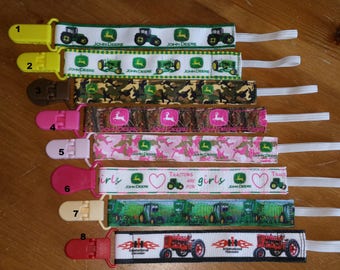 Nuk clips/pacifier clips/binki clip/soothie/infant pacifier clips Camo tractors Boy Girl Green Tractor Farming Equipment Red Tractor