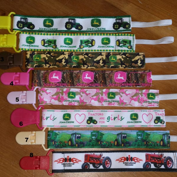 Nuk clips/pacifier clips/binki clip/soothie/infant pacifier clips Camo tractors Boy Girl Green Tractor Farming Equipment Red Tractor