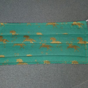 Adult Size Reusable Fabric Face Mask Washable 100% Cotton Two Layers Elastic Ear Loops Sea Green with Gold Unicorns