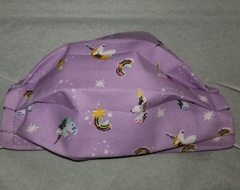 Adult Size Reusable Fabric Face Mask Washable 100% Cotton Two Layers Elastic Ear Loops Unicorns on Purple