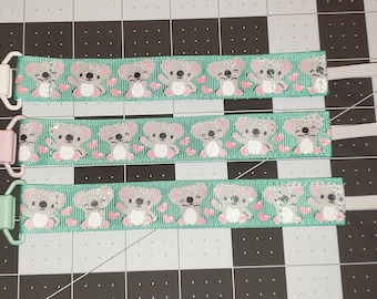 Nuk Clips Pacifier Clip Binky clip Soothie Infant Pacifier Cute Koalas Glittery Grey Koalas on a Seafoam Green Background