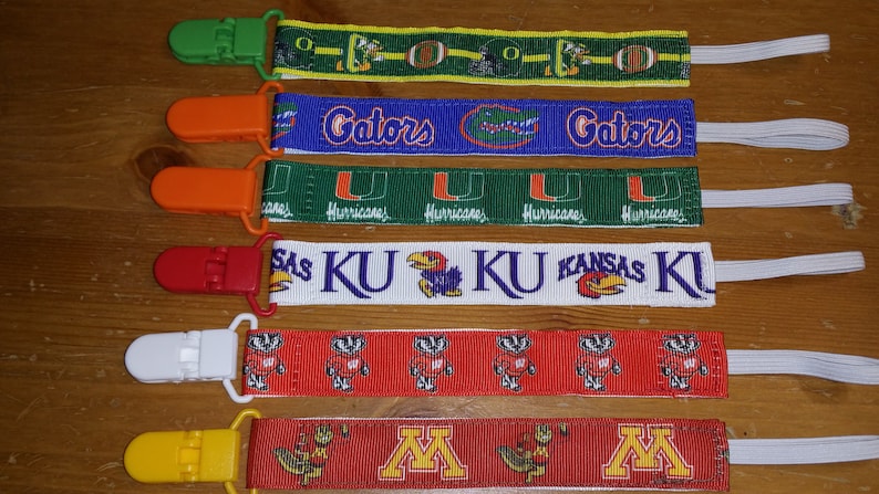Nuk Clips Pacifier Clip Binky Soothie MAM Style Pacifier Holder College Football Gophers Badgers Oregon Ducks KU Florida Gators Sports