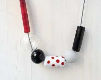 Glass beaded necklace Geometric glass necklace big necklace glass White black Red dot necklace