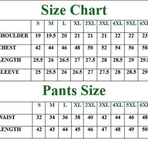 May include: A black and white size chart table for clothing, featuring two sections labeled Size Chart and Pants Size. The chart lists measurements for sizes S through 6XL, including shoulder, chest, length, sleeve, waist, and length in inches.