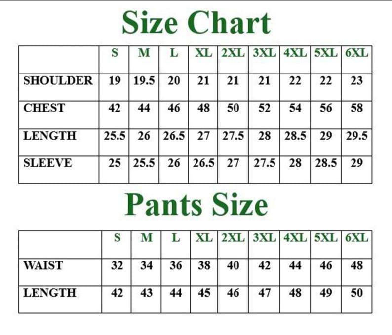 May include: A black and white size chart table for clothing, featuring two sections labeled Size Chart and Pants Size. The chart lists measurements for sizes S through 6XL, including shoulder, chest, length, sleeve, waist, and length in inches.
