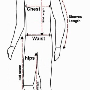 May include: A black and white line drawing of a human silhouette showing body measurement points. Labels include Collar, Shoulder, Chest, Shirt Length, Sleeves Length, Waist, Hips, out seam, and inseam, indicated by dashed red lines and arrows.