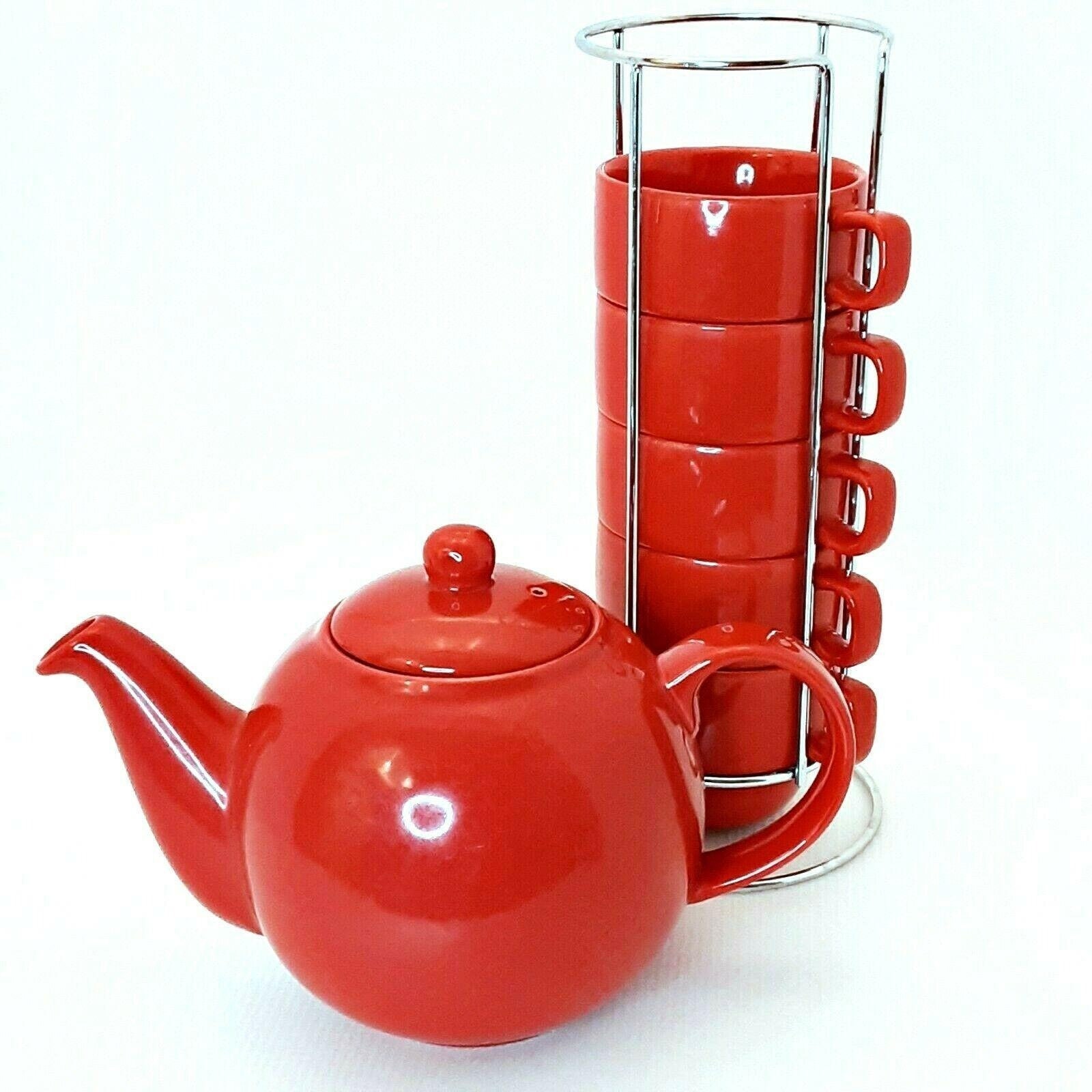 Deep Red Teapot Set Five Stacking Mugs Cups Ceramic Stoneware Etsy