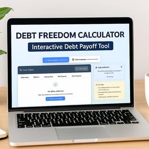 May include: A laptop displaying a "Debt Freedom Calculator" with an interactive debt payoff tool. The screen shows a debt management interface. A white mug of coffee, a notepad, and a potted plant are on the wooden desk.