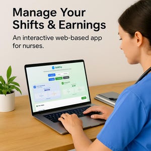 Pode incluir: Um laptop exibindo a interface do aplicativo ShiftPay, com o texto "Manage Your Shifts & Earnings" e "An interactive web-based app for nurses." Uma pessoa está usando o laptop em uma mesa de madeira.