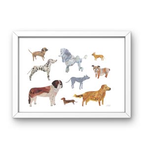 Könnte beinhalten: Ein gerahmter Druck mit Aquarellillustrationen verschiedener Hunderassen, darunter Dalmatiner, Pudel und Dackel. Das Kunstwerk zeigt eine Sammlung von Hunden in einem farbenfrohen, künstlerischen Stil vor weißem Hintergrund.