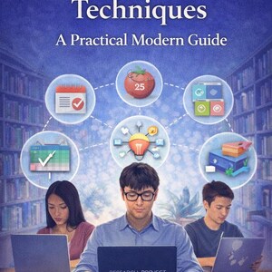 Puede incluir: Imagen de la portada de un libro titulado "Study and Memory Techniques: A Practical Modern Guide". La portada presenta ilustraciones de un calendario, un tomate y otros iconos. Tres personas trabajan en portátiles. El texto "Research Project" es visible en un portátil, y "Blueteka Shop" en la parte inferior.