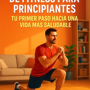 Könnte beinhalten: Ein Mann in einem roten T-Shirt und blauen Shorts führt einen Ausfallschritt auf einer blauen Trainingsmatte aus. Das Bild enthält spanischen Text: "Kompletter Fitness-Leitfaden für Anfänger" und "Ihr erster Schritt zu einem gesünderen Leben."