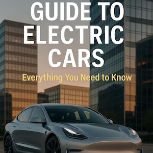 Könnte beinhalten: Ein silbernes Elektroauto steht vor einem modernen Gebäude. Das Bild zeigt den Text "COMPLETE GUIDE TO ELECTRIC CARS" und "Everything You Need to Know" in weißen und gelben Schriftarten.