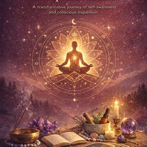 Puede incluir: Imagen que promociona un "Curso de Desarrollo Espiritual y Personal". El diseño presenta una figura meditando dentro de un mandala brillante, rodeada de elementos celestiales. Elementos adicionales incluyen cristales, velas y cartas del tarot. El texto "Blueteka Shop" está en la parte inferior.