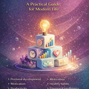 Puede incluir: Portada de libro ilustrada titulada "Desarrollo personal y autoayuda: una guía práctica para la vida moderna". La imagen presenta bloques apilados con iconos, una bombilla y texto que enumera temas como la motivación y los hábitos saludables.