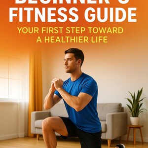 Puede incluir: Un hombre con camiseta azul y pantalones cortos negros realiza un ejercicio de zancada. La imagen presenta el texto "Complete Beginner's Fitness Guide" y "Your First Step Toward a Healthier Life".