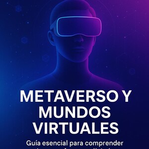 Può includere: Illustrazione digitale di una persona con occhiali VR, su sfondo sfumato blu e viola. Il testo "METAVERSO Y MUNDOS VIRTUALES" è in evidenza, con il sottotitolo "Guía esencial para comprender la nueva frontera digital."