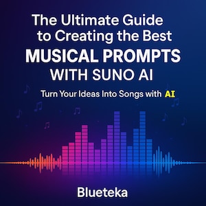 Puede incluir: Una imagen digital con un fondo azul oscuro. El texto dice "The Ultimate Guide to Creating the Best MUSICAL PROMPTS WITH SUNO AI." Debajo, dice "Turn Your Ideas Into Songs with AI." Un gráfico de onda de sonido está en la parte inferior.