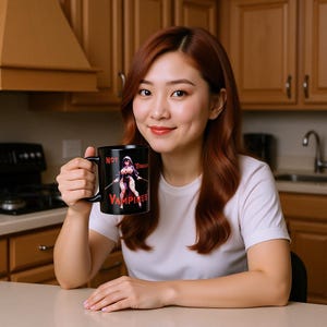 Peut inclure: Une tasse à café noire avec une anse, ornée d'un dessin d'une femme en tenue à capuche tenant deux épées. La tasse porte l'inscription "NOT TONIGHT VAMPIRES" en rouge et blanc.