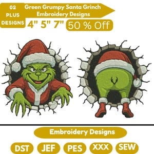 Op de afbeelding: Borduurontwerpen met de Grinch in een kerstmanoutfit. De Grinch is groen met een rood kerstmanpak en -muts. De ontwerpen tonen het gezicht en de achterkant van de Grinch. De tekst "Embroidery Designs" is ook aanwezig.