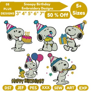 May include: Embroidery designs featuring Snoopy celebrating a birthday. The designs include Snoopy with a cake, gifts, balloons, and a party horn. The text reads "Happy Birthday!" and "Snoopy Birthday Embroidery Designs". Available in 5+ sizes.