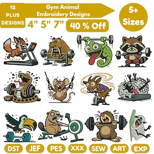 Puede incluir: Una colección de 12 diseños de bordado de animales de gimnasio. Los diseños incluyen un zorro en una cinta de correr, una morsa levantando pesas y un camaleón con una barra. Los diseños están disponibles en 5+ tamaños, con tamaños de 10 cm, 13 cm y 18 cm, y tienen un 40% de descuento.