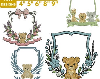 Maskinbroderidesign för djurvapen, paket med blommig ram, broderi, monogram, lagervapen, ramdesign, 3+ storlekar, direktnedladdningsbar fil
