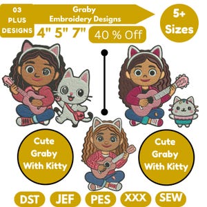 Puede incluir: Diseños de bordado que presentan a una niña con una diadema de orejas de gato tocando el ukelele, junto a un gato. Los diseños incluyen el texto "Cute Graby With Kitty", y tamaños de 10.16cm, 12.7cm y 17.78cm. La imagen también muestra "40% Off".