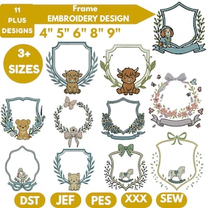 May include: A collection of embroidery designs featuring framed images with various animal and floral motifs. The designs include a dog, a cow, a bear, a cat, a duck, and a rocking horse. The designs are available in 4", 5", 6", 8", and 9" sizes.