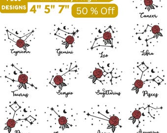 Floral Zodiac  Machine Embroidery Design Zodiac Constellation Embroidery Zodiac Symbols Embroidery 3+Sizes All Formats Instant Download File