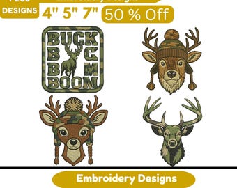 May include: Four embroidery designs featuring deer with camouflage patterns. One design has the text "BUCK B C B M BOOM". The designs include deer heads wearing hats and a deer head with antlers. The image also includes the text "Deer In Camo Embroidery Designs".