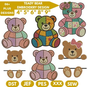 Puede incluir: Un diseño de bordado con varios osos de peluche coloridos. Los osos están en varias poses y colores, incluyendo rosa, verde y marrón. Se muestra el texto "TEADY BEAR EMBROIDERY DESIGN" y tamaños de 10 cm a 23 cm.