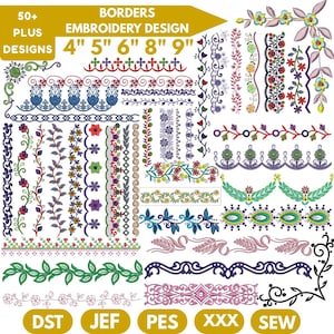 May include: A collection of embroidery designs featuring various border patterns. The designs include floral, geometric, and abstract motifs in a range of colors. The image includes text indicating sizes from 4" to 9" and file formats.