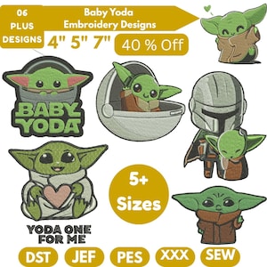 Könnte beinhalten: Eine Sammlung von Baby Yoda Stickmustern. Die Designs zeigen Baby Yoda in verschiedenen Posen, mit den Texten "Baby Yoda" und "Yoda One For Me". Erhältlich in den Größen 10 cm, 13 cm und 18 cm.