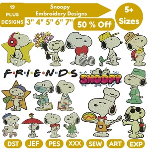 May include: A selection of Snoopy embroidery designs, showcasing Snoopy in diverse scenarios. The designs include the text "FRIENDS" and "SNOOPY", with sizes from 7.6 cm to 17.8 cm. The image also includes the text "50% Off".